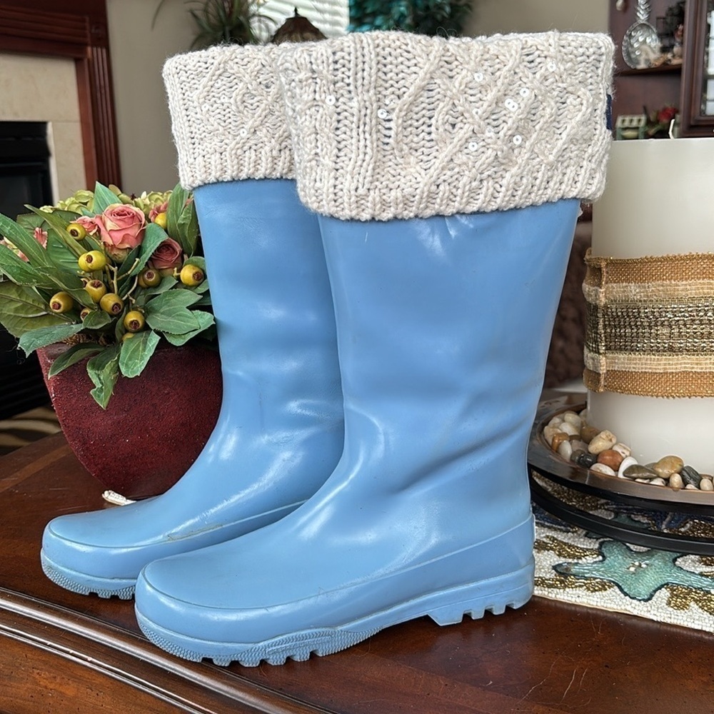 Sperry Vintage Blue Tall Rubber Boots Waterproof w/ Cream Knit Sequin Boot Socks